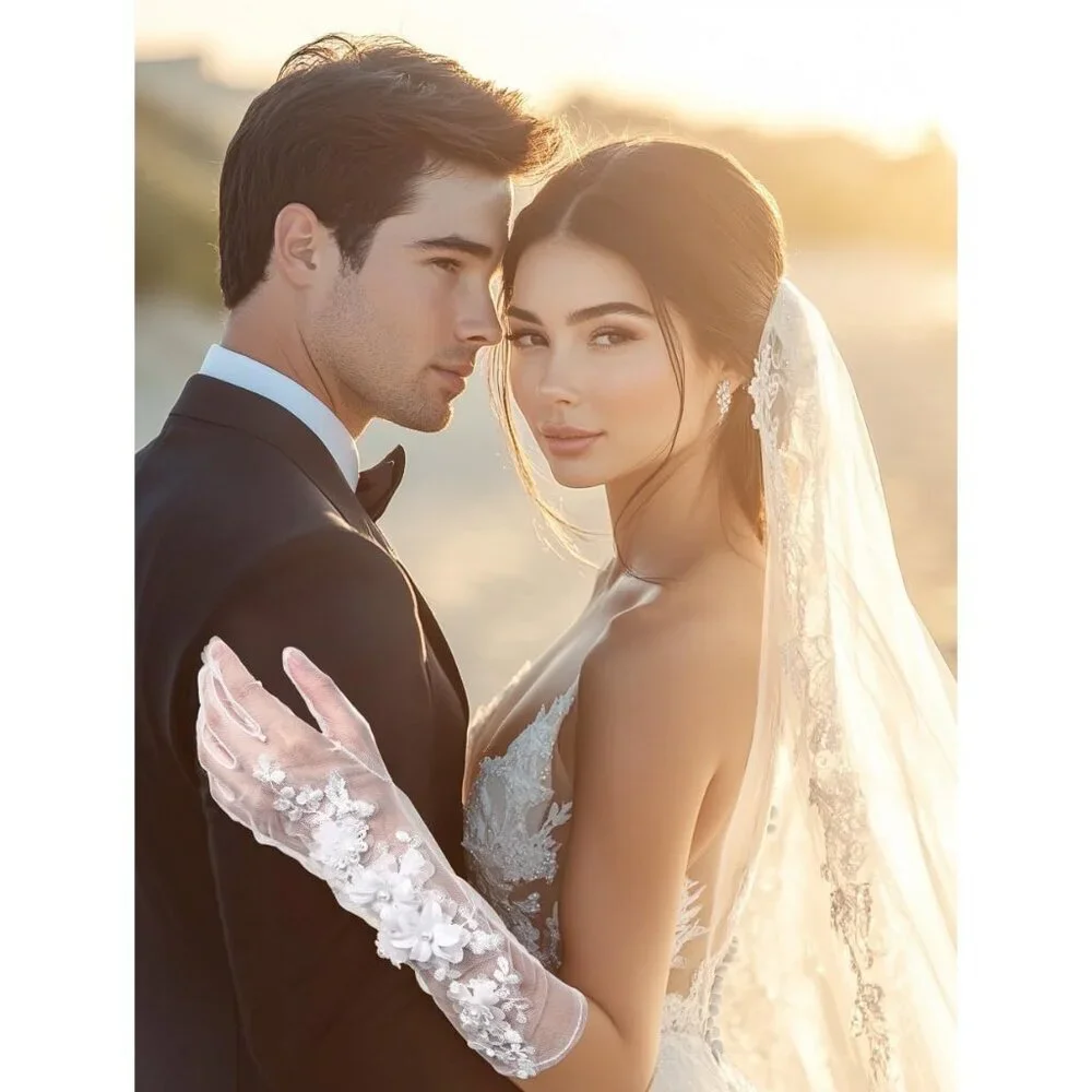 Women's White Floral Lace Halloween Flower Embroidery Gloves Tulle Party Prom